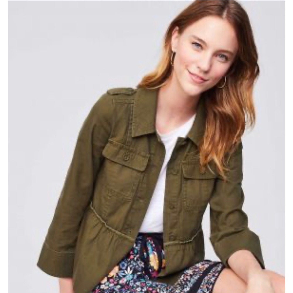 LOFT Petites Olive Green Herringbone Peplum Utility Jacket MP NWT 24694186